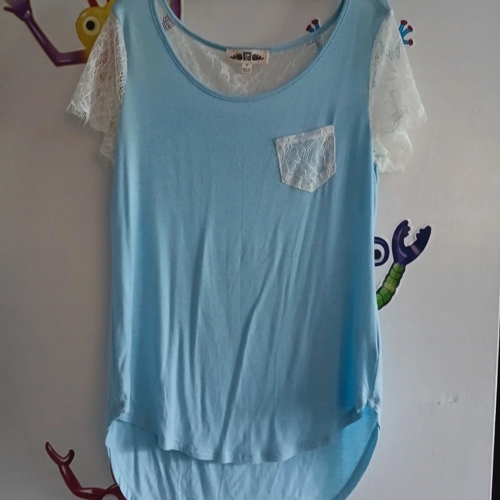 Hippie Rose Sky Blue Lace Sleeve Tee